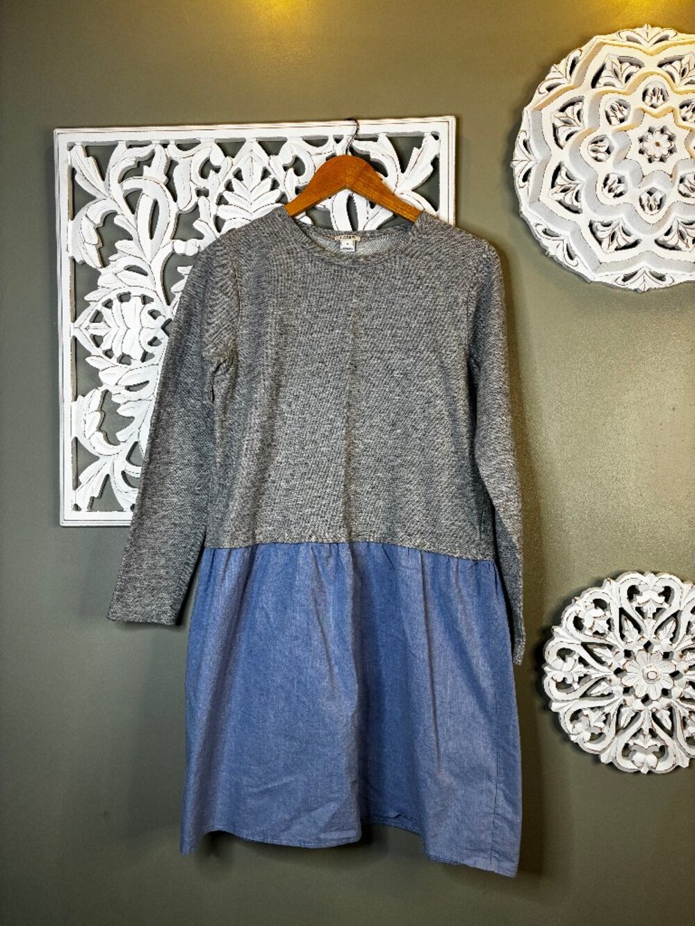 J.Crew Mixed Media Sweatshirt Dress Chambray Hem Gray Blue M